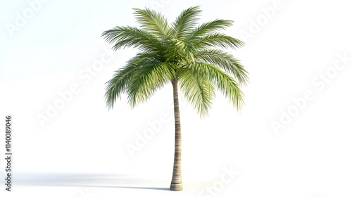 A palm tree stands tall against a clear backdrop.