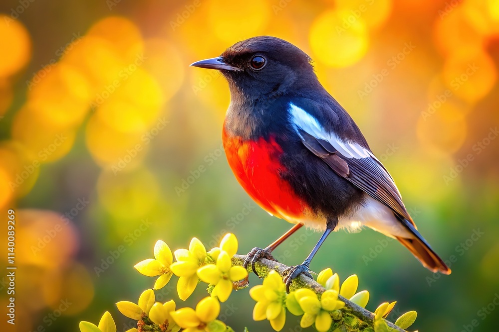 Fototapeta premium Pied Bush Chat - Colorful Bird in Sunny Meadow