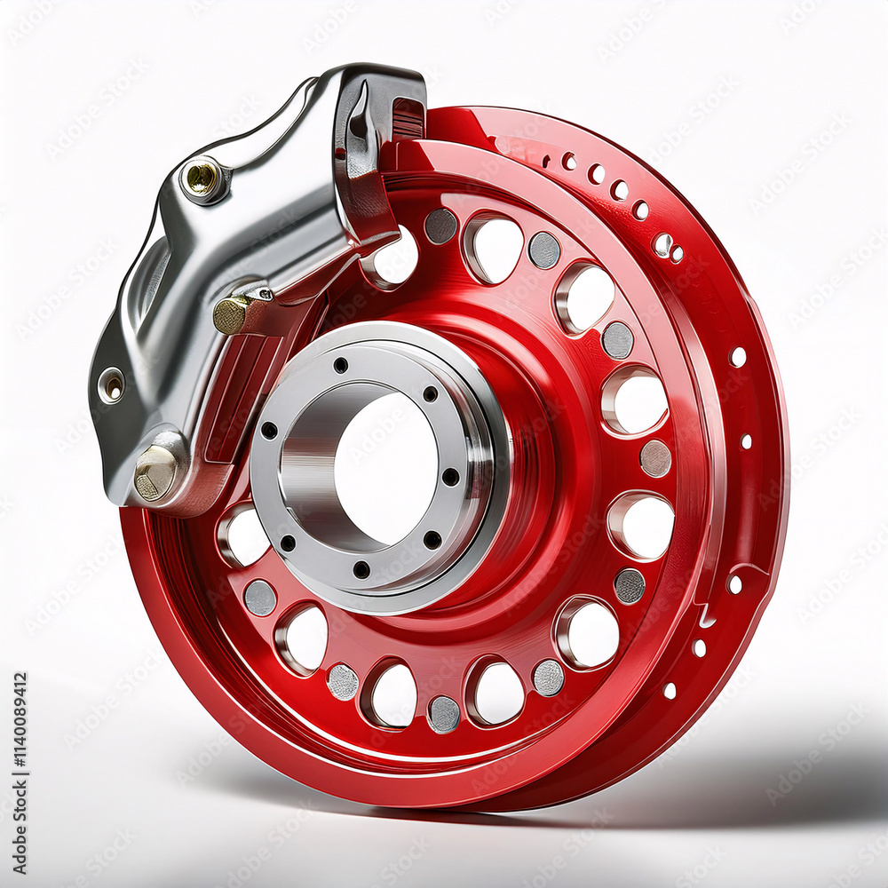 A bright red disc brake with a silver brake caliper, showcasing intricate details and precision engineering A bright red disc brake with a silver brake caliper, showcasing intricate details and precision engineering