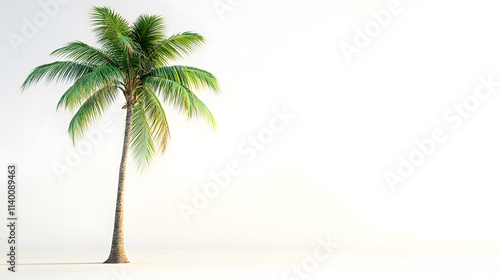 A palm tree stands tall against a clear backdrop.