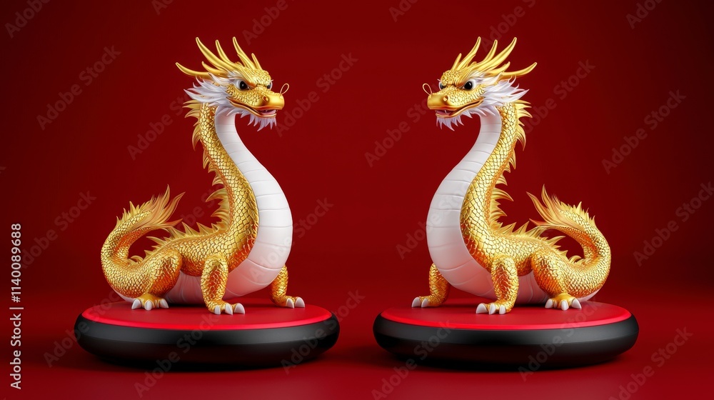 Fototapeta premium Golden Dragons Chinese Mythical Creatures Red Background 3D Render Art Decoration