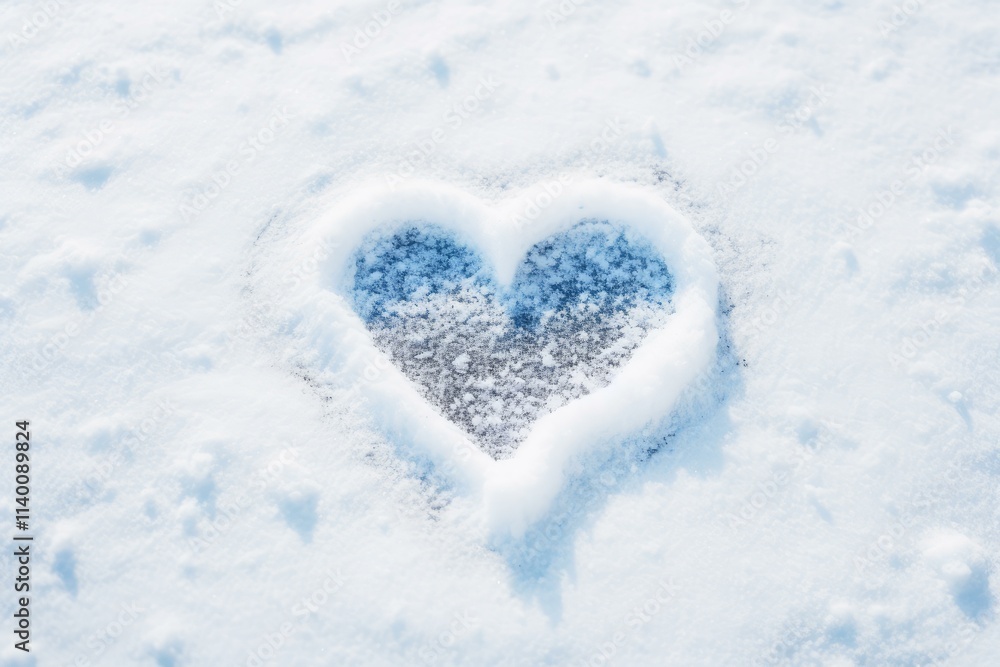 Heart shape drawn on fresh snow is expressing love, romance and affection during cold winter season Heart shape drawn on fresh snow is expressing love, romance and affection during cold winter season
