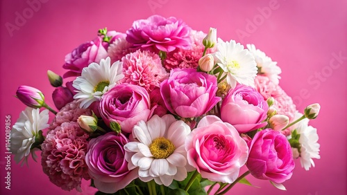 Pink & White Floral Bouquet, Vibrant Pink Background