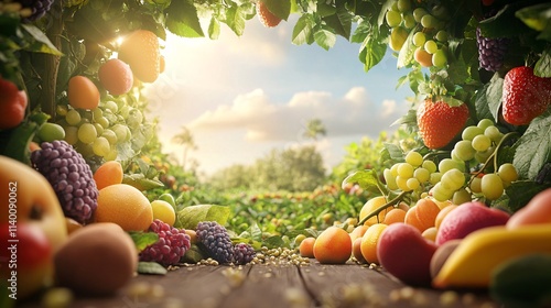 Fototapeta Naklejka Na Ścianę i Meble -  Freshly picked fruits overflowing on a rustic wooden table in a lush orchard