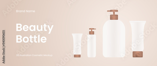 Set of bottles with cream and lotion in mocha color. 3d vector illustration.
