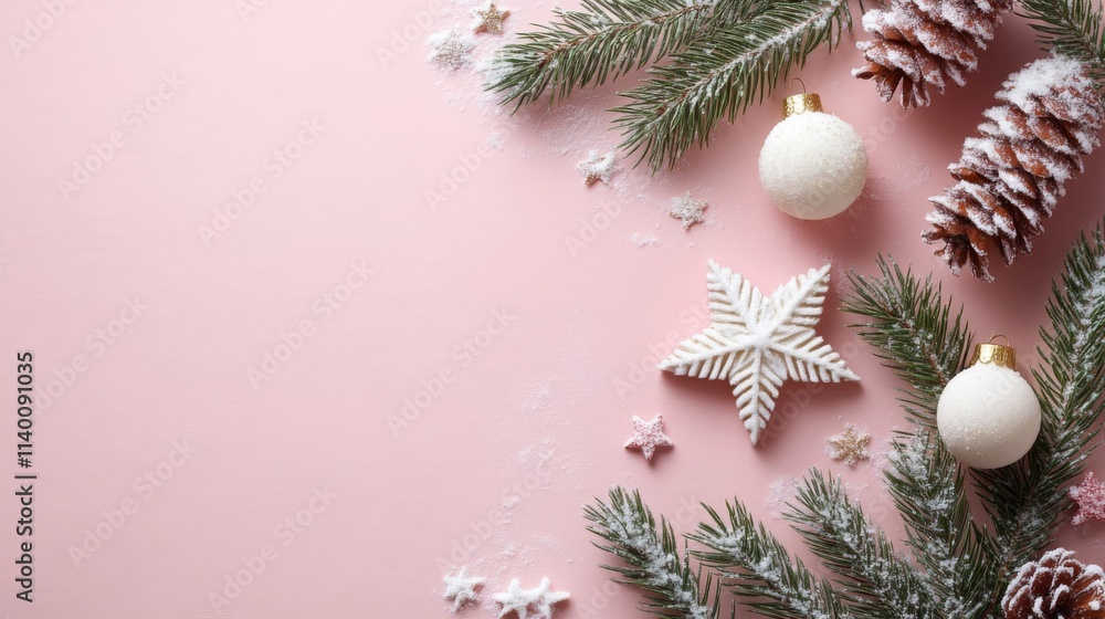 Festive Winter Decor Pink Background With Ornaments Festive Winter Decor Pink Background With Ornaments