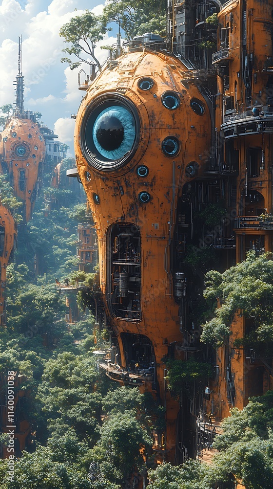 Obraz premium Sci-Fi Floating Megastructures Dominating Lush Forest Landscapes in a Green Future Photo