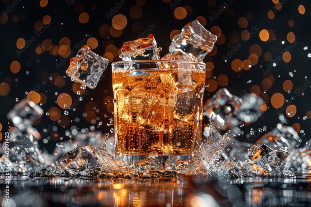 whiskey with ice cubes on a black background with bokeh whiskey with ice cubes on a black background with bokeh