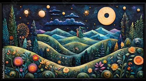 a Mixed media illustration, a fantasy wizard dances in the night in a summer mountain valley, folk art style with textured details, stylized with fairy-tale elements photo