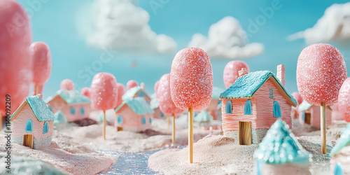 Pink candy house with lollipops in the sky photo