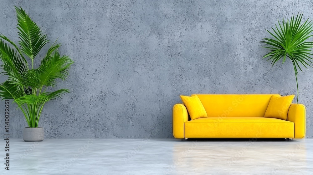 Fototapeta premium Modern Interior with Yellow Sofa and Plants