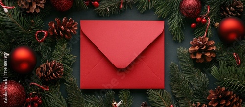 Red envelope surrounded by festive decorations and pinecones capturing the essence of holiday magic in a top view composition photo