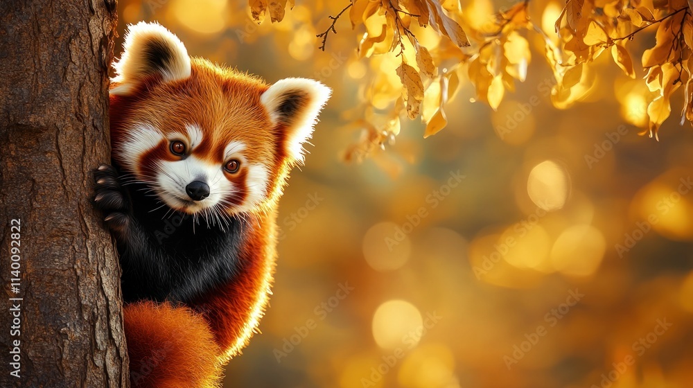 A red panda peeks from behind a tree, surrounded by autumn foliage and soft bokeh lights. A red panda peeks from behind a tree, surrounded by autumn foliage and soft bokeh lights.