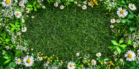 Spring background with daisies, grass and flowers. Top view
