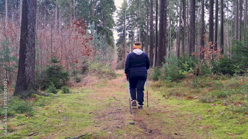 A plus-size woman walking with Nordic walking poles in an autumn forest. A plus-size woman walking with Nordic walking poles in an autumn forest.