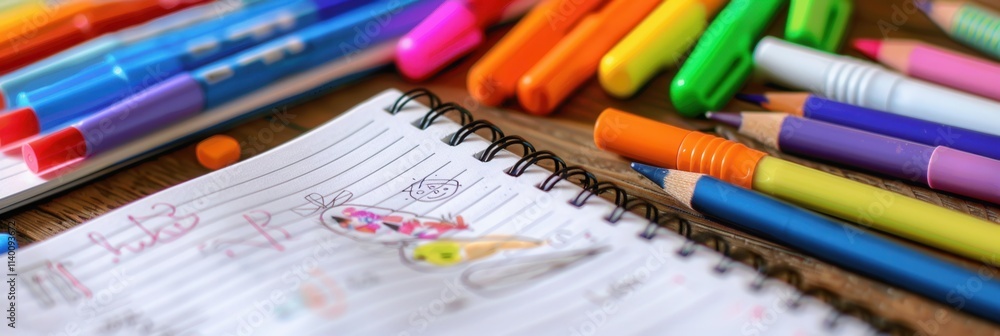 Colorful stationery supplies arranged on a wooden table featuring notebooks and vibrant drawing tools during the daytime. Generative AI