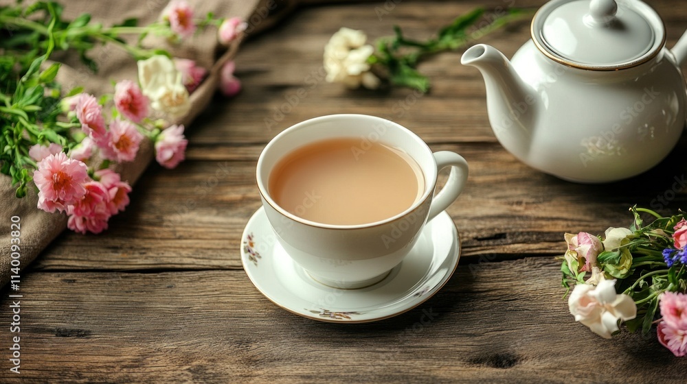 Relaxing tea time with flowers and teapot on rustic wooden table Relaxing tea time with flowers and teapot on rustic wooden table