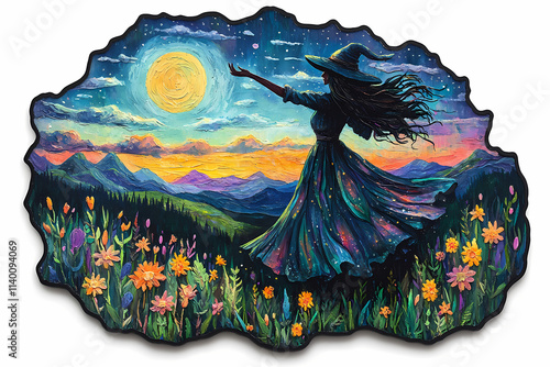 a Mixed media illustration, a fantasy wizard dances in the night in a summer mountain valley, folk art style with textured details, stylized with fairy-tale elements photo