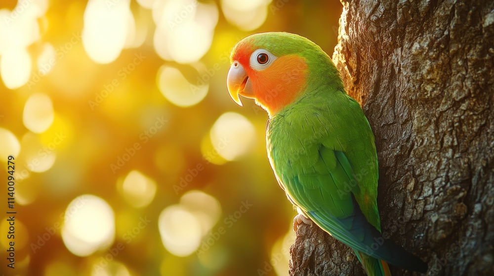 A vibrant green parrot perched on a tree, illuminated by soft, warm light. A vibrant green parrot perched on a tree, illuminated by soft, warm light.