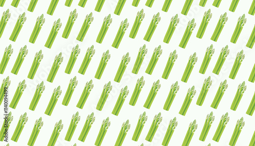 Seamless pattern with green asparagus on white background.