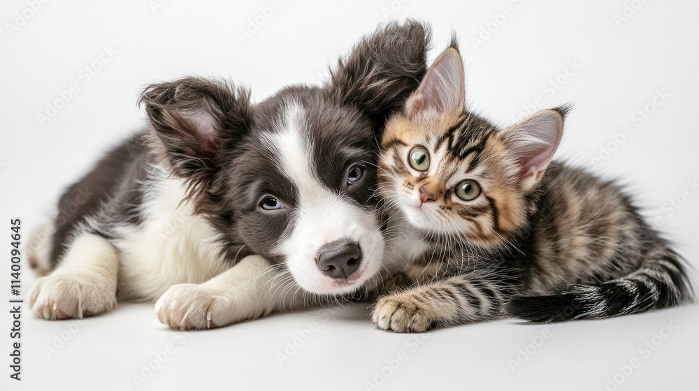A playful puppy and kitten cuddling together on a white background. A playful puppy and kitten cuddling together on a white background.