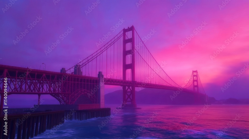 Fototapeta premium Misty sunset view of iconic suspension bridge.