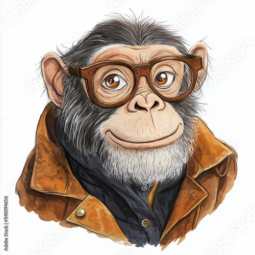 A funny, comic-style ape illustration with a wide, joyful smile, isolated on a white background. Perfect for creative projects and children's illustrations. photo