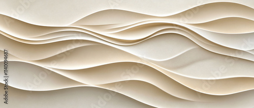 Abstract layered waves in soft beige tones create texture.