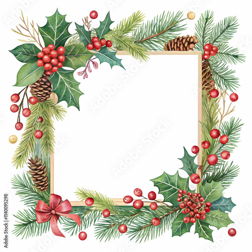 Red decorations and cones in a holiday garland for square frame isolated