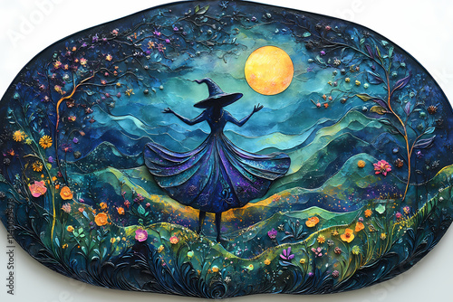 a Mixed media illustration, a fantasy wizard dances in the night in a summer mountain valley, folk art style with textured details, stylized with fairy-tale elements photo