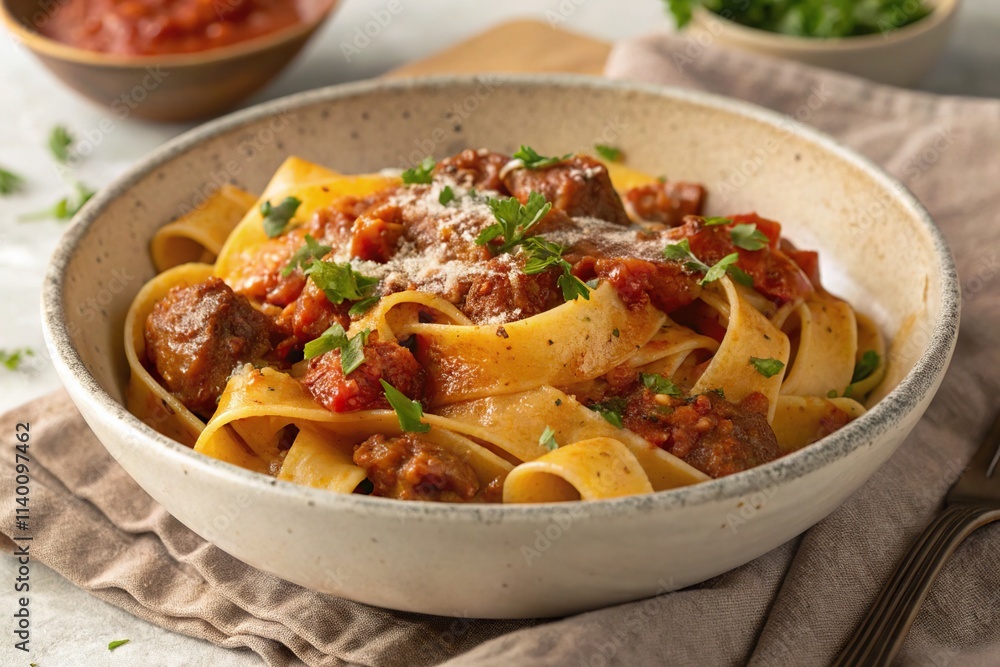 A rustic bowl of wide pappardelle pasta coated in rich sausage ragu, topped with freshly grated Parmesan and parsley, served in warm, inviting lighting for a cozy Italian meal. A rustic bowl of wide pappardelle pasta coated in rich sausage ragu, topped with freshly grated Parmesan and parsley, served in warm, inviting lighting for a cozy Italian meal.