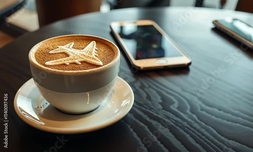 White ceramic cup of capuccino coffee decrated with creamy plane art standing on a table with a smartphone as business concept and flights correlation photo