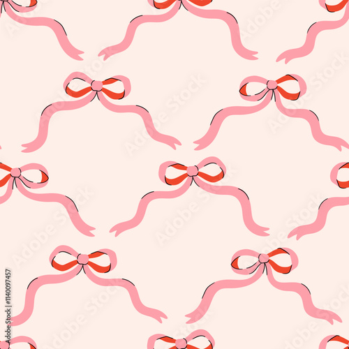 Festive decorative seamless pattern of coquette pink bows. Trendy ribbons background. Vintage bowknots backdrop for greeting cards, wedding, invitations. Hand drawn flat illustration