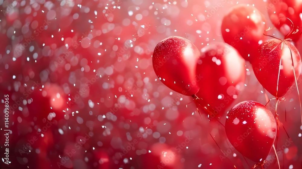 Red balloons floating in snowy bokeh background. Red balloons floating in snowy bokeh background.