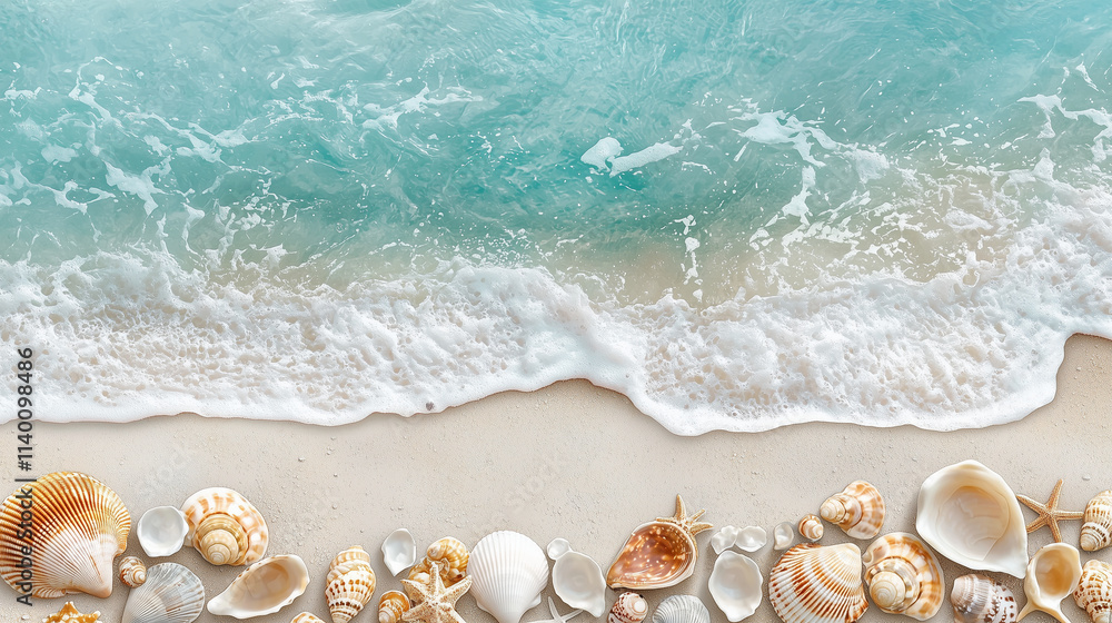 Tropical Beach with Seashells and Crystal Clear Ocean Waves Tropical Beach with Seashells and Crystal Clear Ocean Waves
