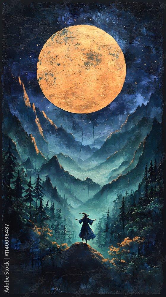 Fototapeta premium a Mixed media illustration, a fantasy wizard dances in the night in a summer mountain valley, folk art style with textured details, stylized with fairy-tale elements