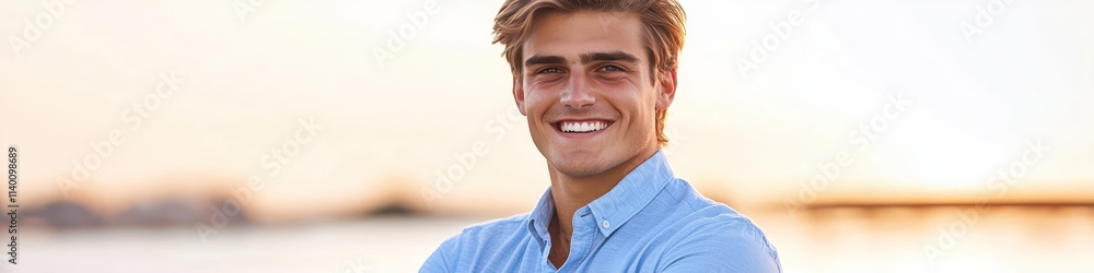A smiling young man poses confidently against a scenic sunset backdrop. A smiling young man poses confidently against a scenic sunset backdrop.