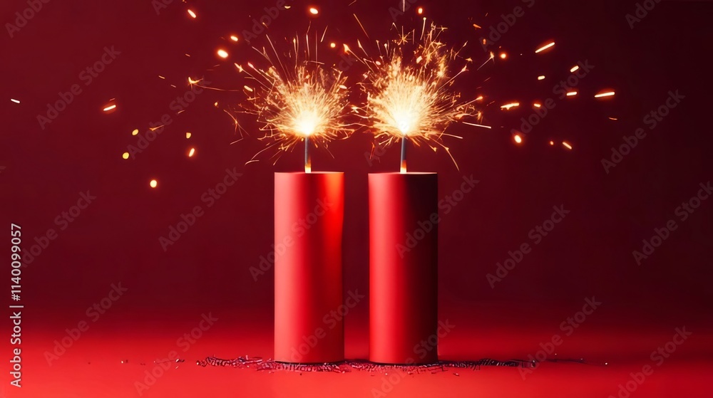 Two red cylindrical objects with sparkling fireworks on top against a red background. Two red cylindrical objects with sparkling fireworks on top against a red background.