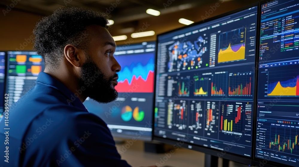 Professional analyzing data trends on multiple screens in a modern office environment during the day Professional analyzing data trends on multiple screens in a modern office environment during the day