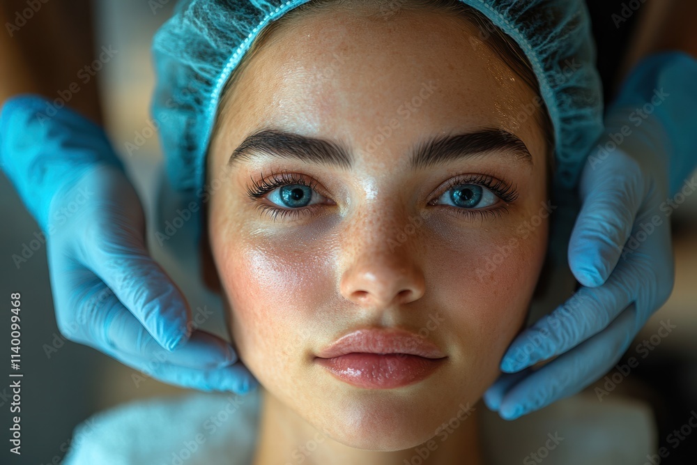Beautician performs skin treatment at salon for client with glowing complexion Beautician performs skin treatment at salon for client with glowing complexion