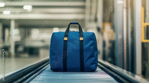 A stylish blue bag rests on an airport conveyor belt, symbolizing travel and adventure.