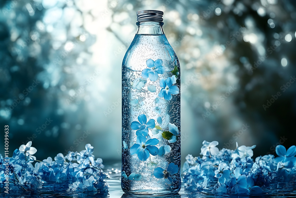 A clear glass bottle filled with sparkling mineral water, decorated with blue flowers. A clear glass bottle filled with sparkling mineral water, decorated with blue flowers.