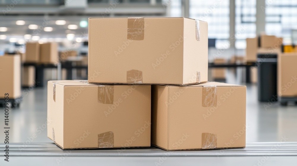 A stack of brown cardboard boxes in a warehouse setting, showcasing an organized space with natural lighting and blurred background boxes. A stack of brown cardboard boxes in a warehouse setting, showcasing an organized space with natural lighting and blurred background boxes.