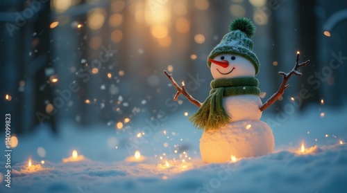Whimsical Snowman with Twig Arms and Green Woolen Hat and Scarf