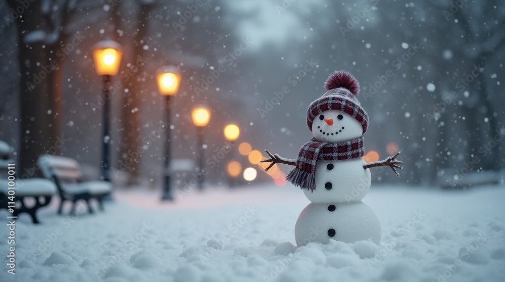Obraz premium Adorable Snowman with Plaid Scarf and Pom-Pom Hat