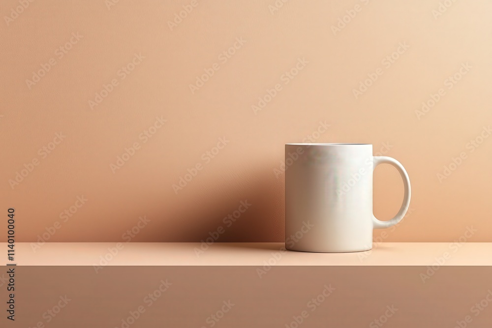 Minimalist still life photo of a blank white mug on a peach-colored shelf against a peach background. Perfect for branding, design, and lifestyle projects. Minimalist still life photo of a blank white mug on a peach-colored shelf against a peach background. Perfect for branding, design, and lifestyle projects.