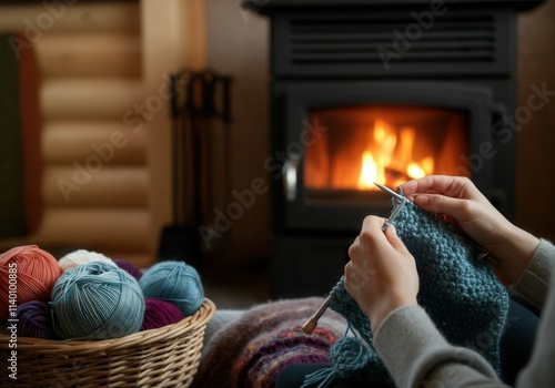 Woman is knitting a blue sweater by the fireplace in a cozy wooden cabin, enjoying warmth and crafts