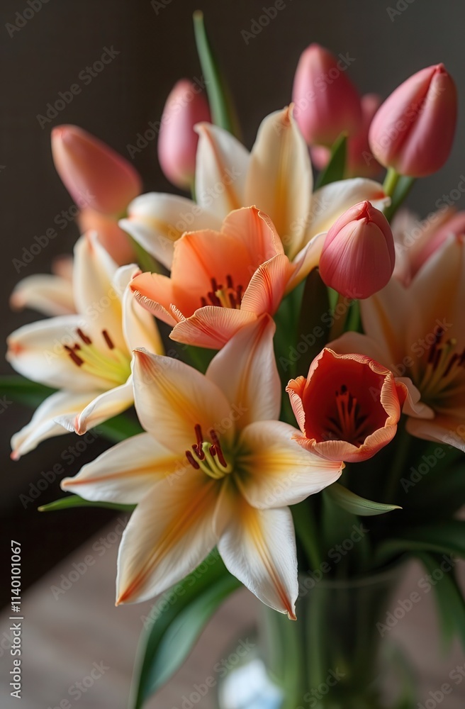A beautiful bouquet of vibrant tulips and elegant lilies in soft peach and pink tones, perfect for spring decor, floral arrangements or gift giving. A beautiful bouquet of vibrant tulips and elegant lilies in soft peach and pink tones, perfect for spring decor, floral arrangements or gift giving.