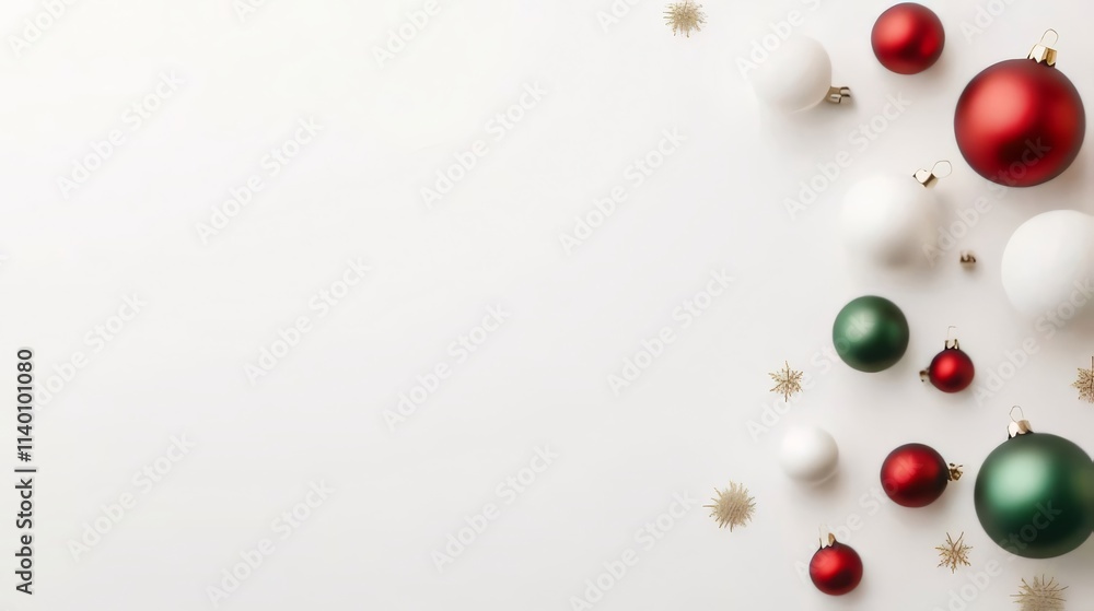 Red, green, white Christmas baubles scattered on white background. Red, green, white Christmas baubles scattered on white background.