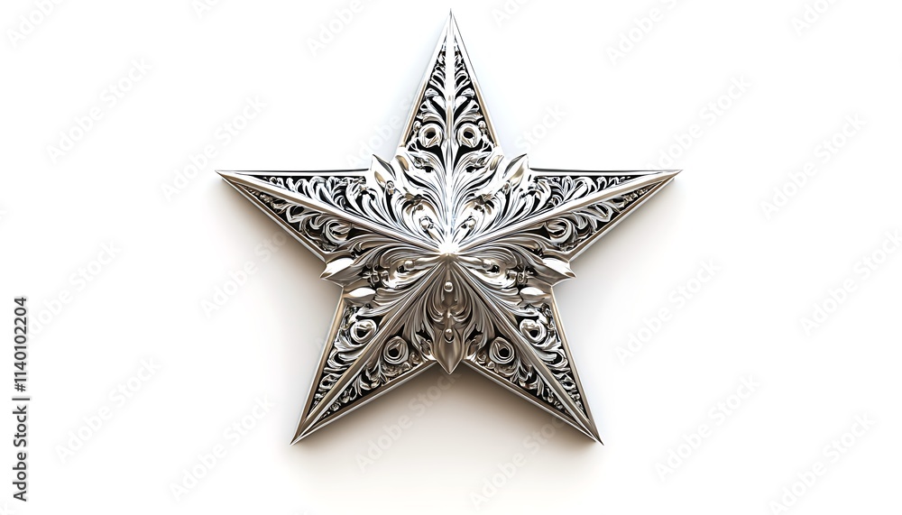 A decorative silver star with intricate floral patterns and details.